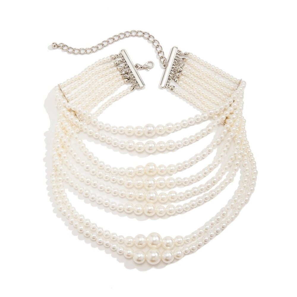 Chunky Simulated Pearl Statement Necklace Layered Multi Strands Vintage Choker